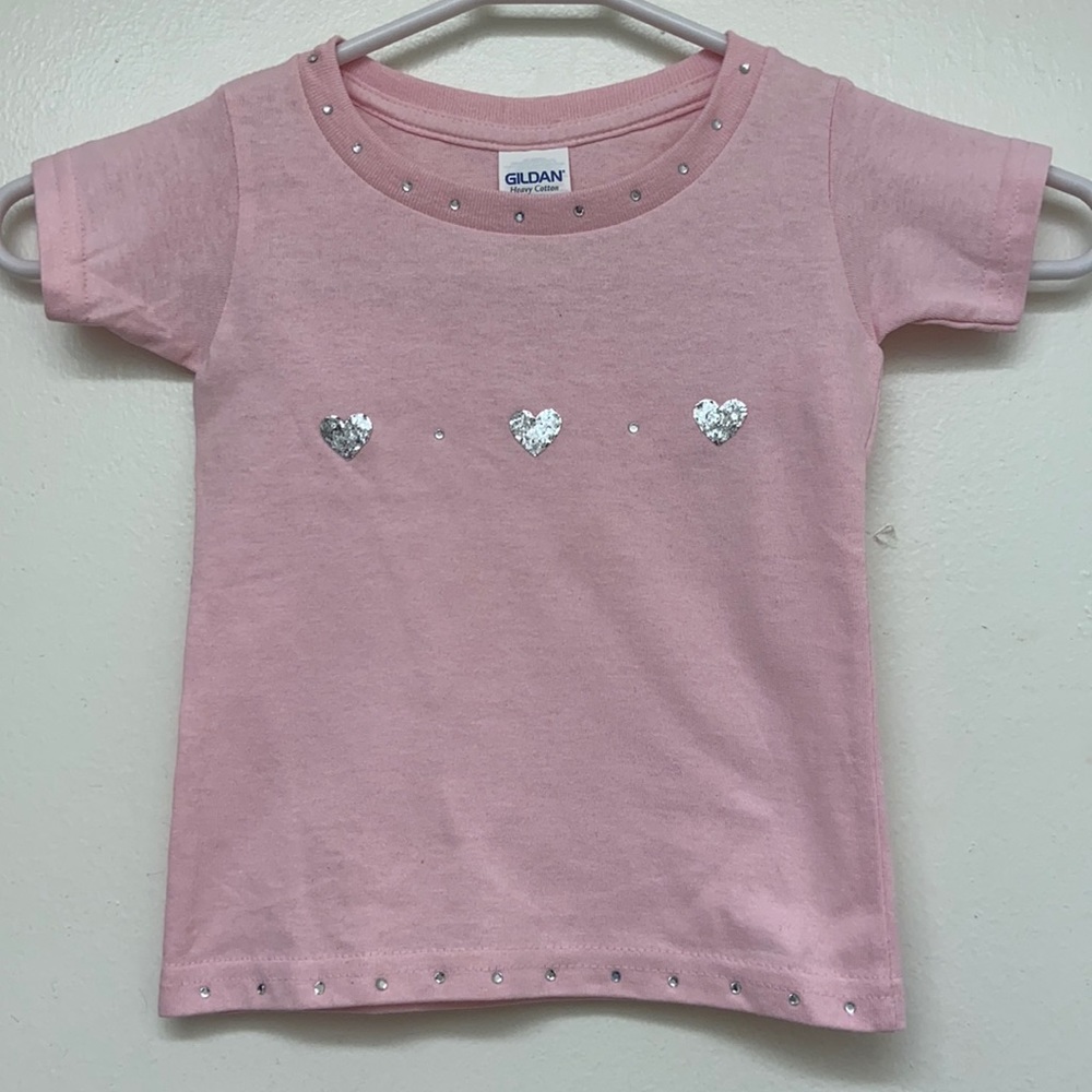 Pink children t shirt with hearts and rhinestones